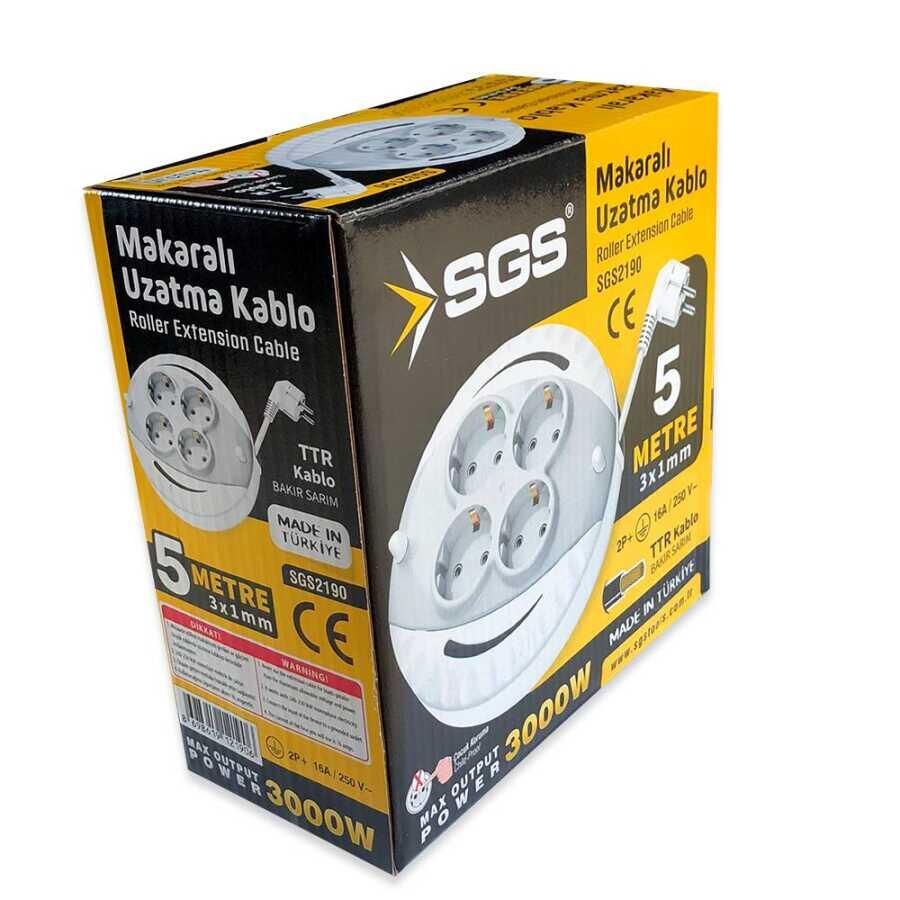 SGS Saklı Kablolu Makaralı Uzatma Kablosu Beyaz TTR 3x1 - 4 Priz - 5 mt.