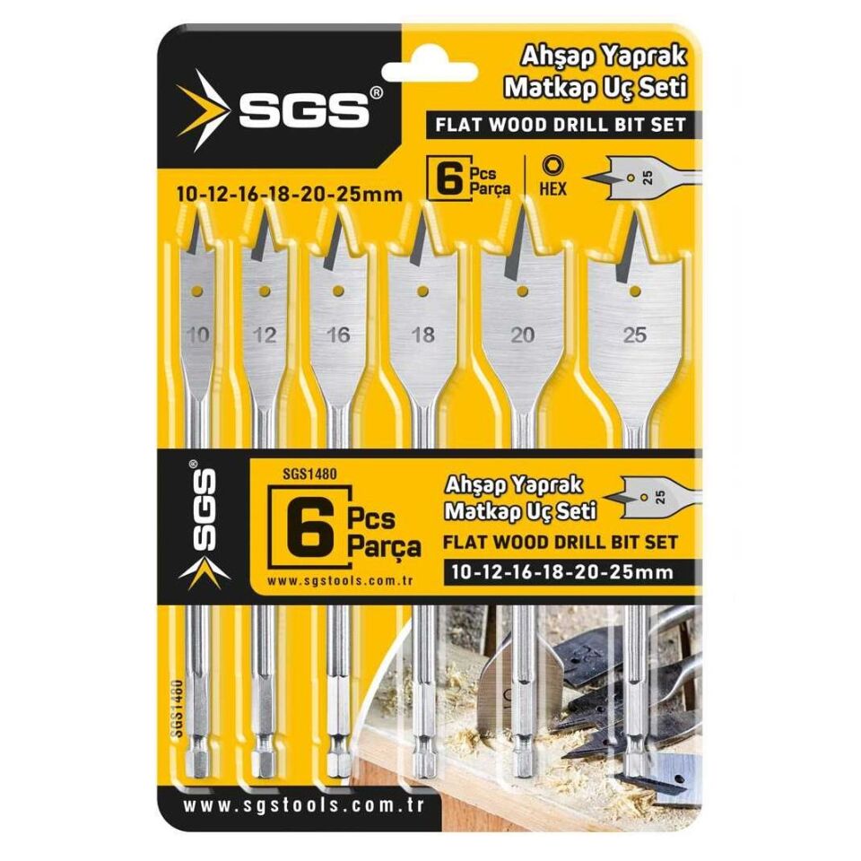 SGS Ahşap Yaprak Matkap Ucu Seti - 6 Parça 10-12-16-18-20-25 mm.