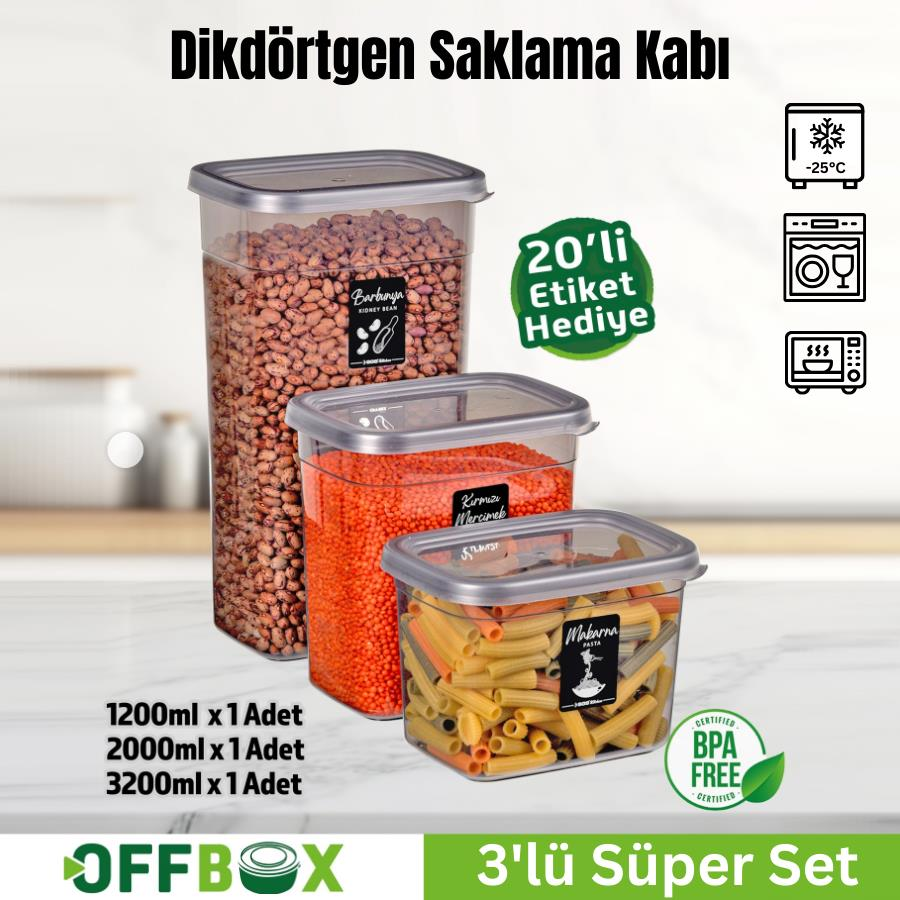 Offbox Dikdörtgen Bakliyat Baharat Gıda Saklama Kabı - 3 Çeşit - 3 Adet