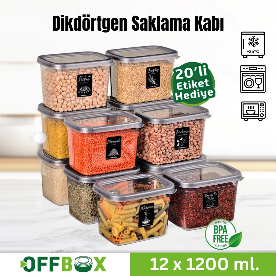 Offbox Dikdörtgen Bakliyat Baharat Gıda Saklama Kabı - 1.2 Lt. - 12 Adet