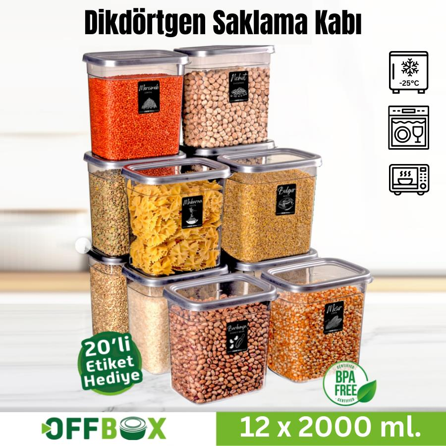 Offbox Dikdörtgen Bakliyat Baharat Gıda Saklama Kabı - 2 Lt. - 12 Adet