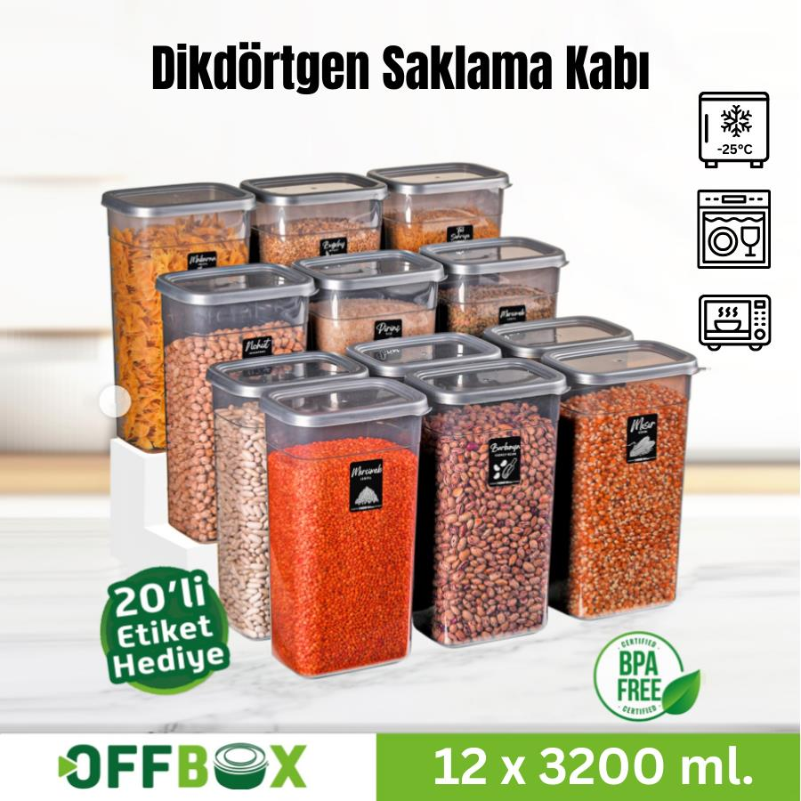 Offbox Dikdörtgen Bakliyat Baharat Gıda Saklama Kabı - 3.2 Lt. - 12 Adet