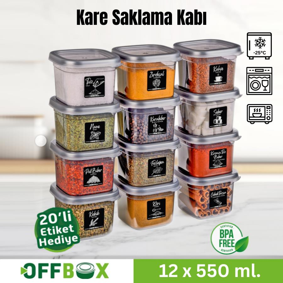 Offbox Kare Bakliyat Baharat Gıda Saklama Kabı - 0.55 Lt. - 12 Adet