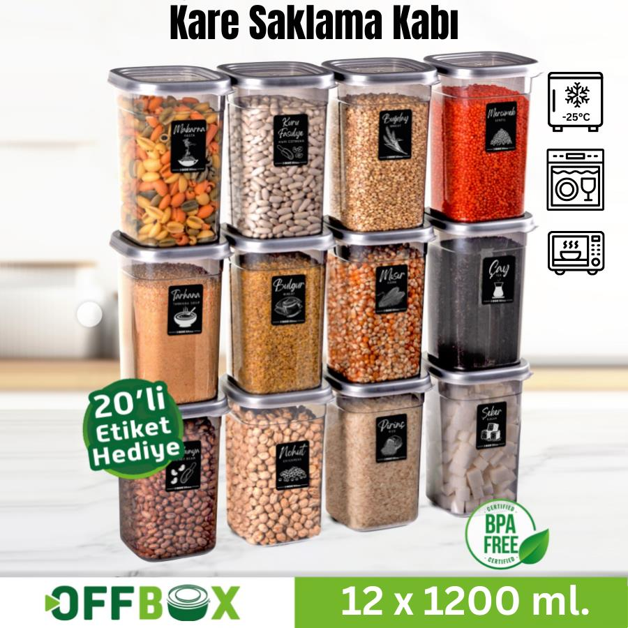 Offbox Kare Bakliyat Baharat Gıda Saklama Kabı - 1.2 Lt. - 12 Adet