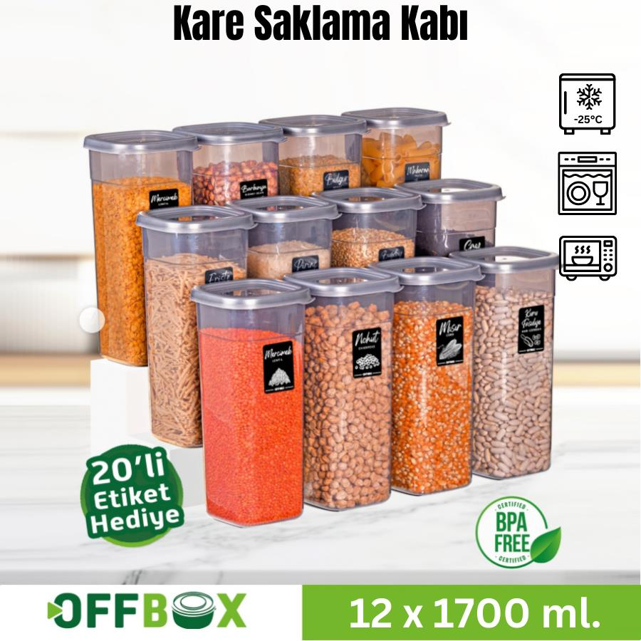 Offbox Kare Bakliyat Baharat Gıda Saklama Kabı - 1.7 Lt. - 12 Adet