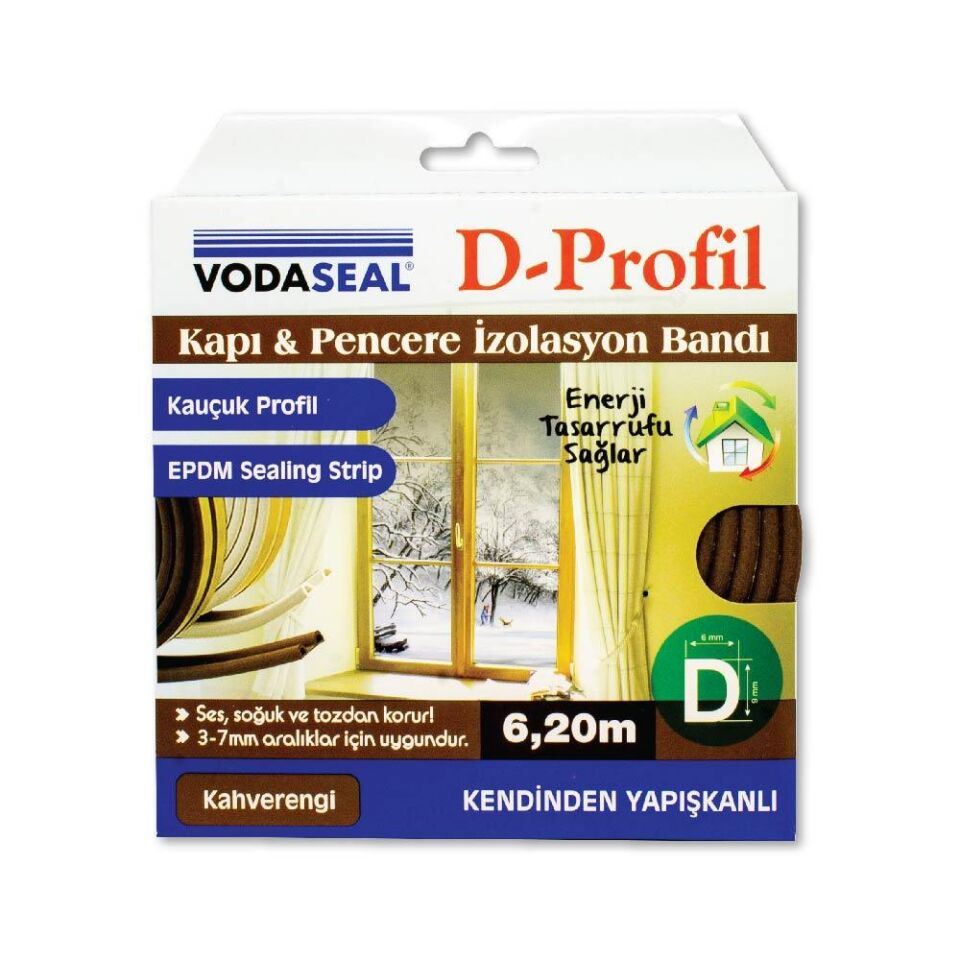 VodaSeal D Profil Kapı ve Pencere İzolasyon Fitil Bandı 6.20 mt. - Kahve
