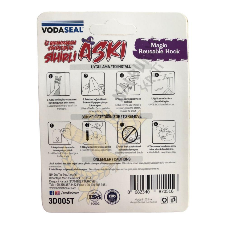 VodaSeal İz Bırakmadan Sökülebilir Sihirli Askı - Kare Gri