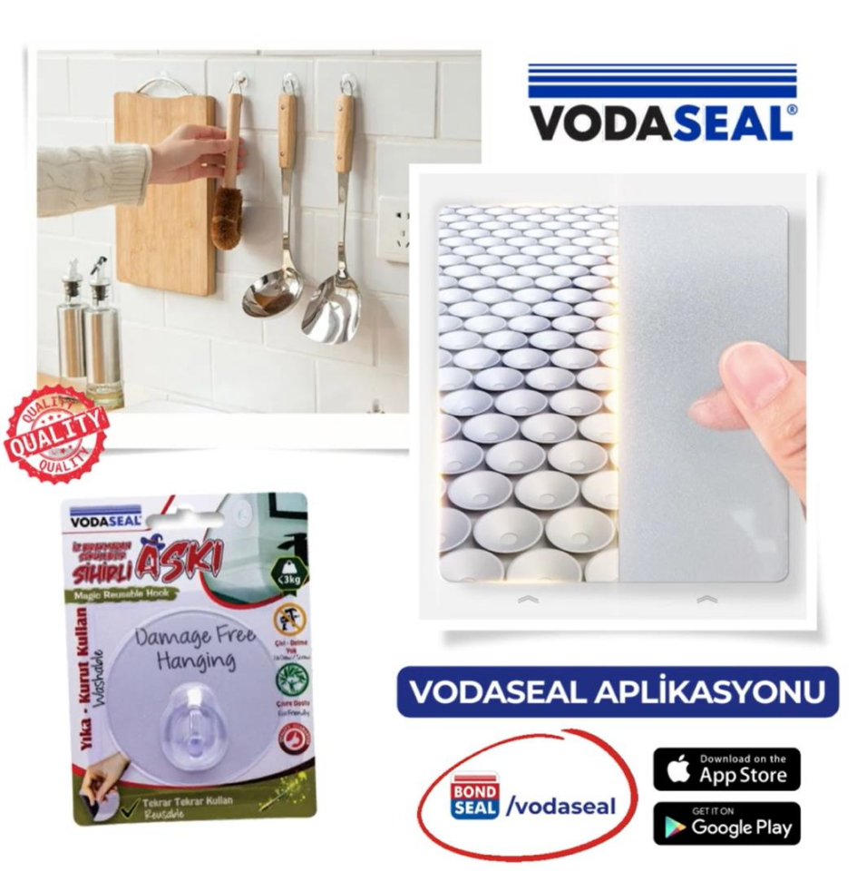 VodaSeal İz Bırakmadan Sökülebilir Sihirli Askı - Kare Gri
