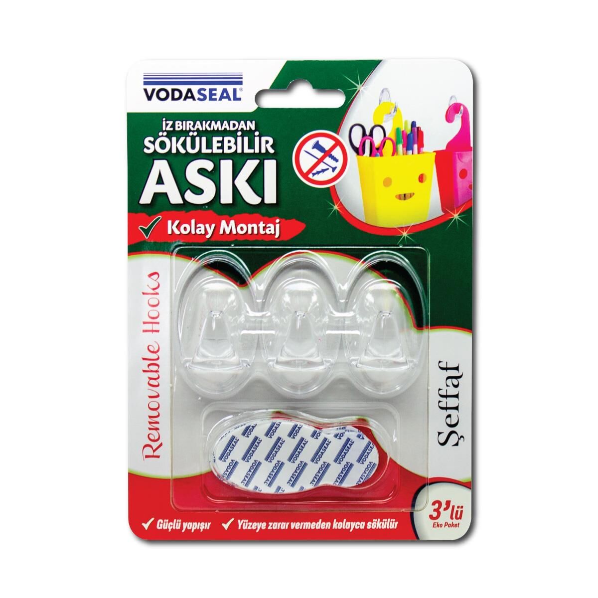 VodaSeal İz Bırakmadan Sökülebilir Askı - 3 Adet - Şeffaf