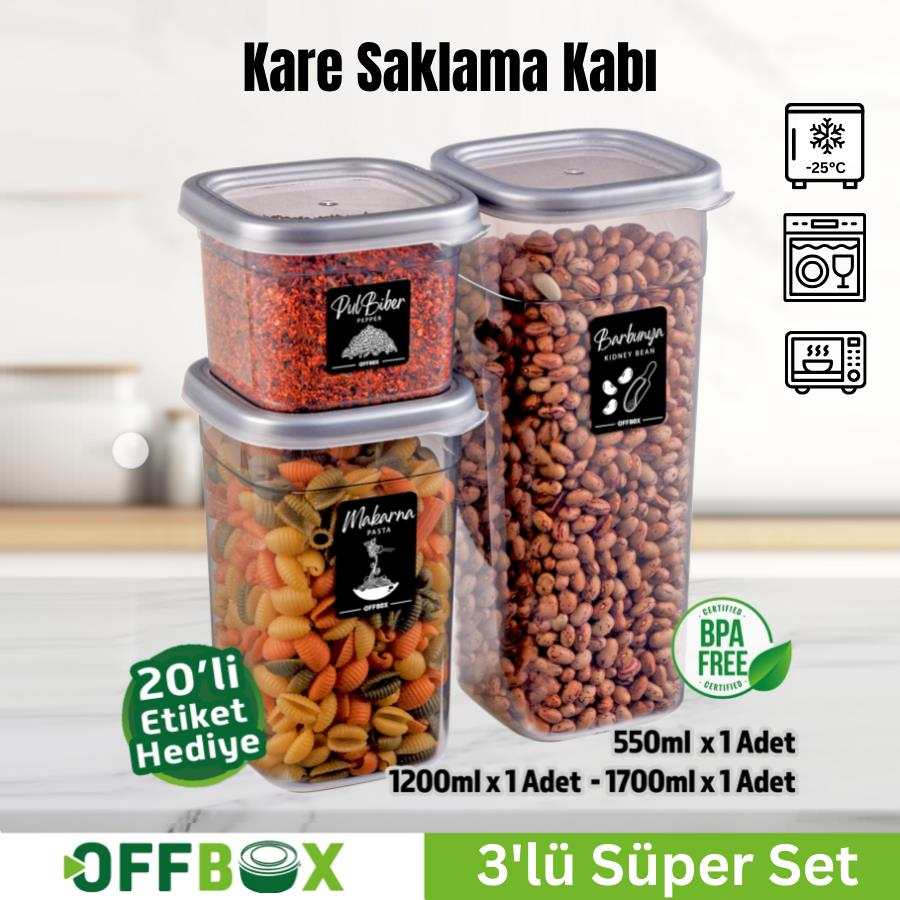 Offbox Kare Bakliyat Baharat Gıda Saklama Kabı - 3 Çeşit - 3 Adet