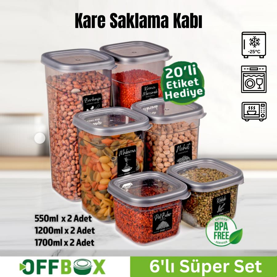 Offbox Kare Bakliyat Baharat Gıda Saklama Kabı - 3 Çeşit - 6 Adet
