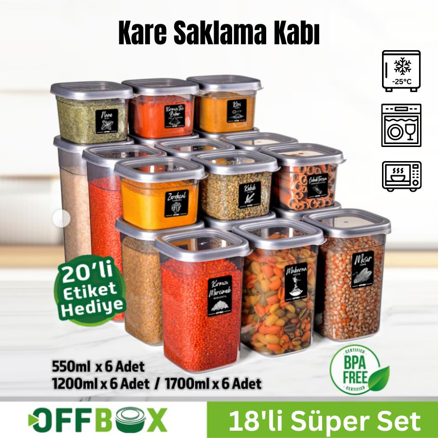 Offbox Kare Bakliyat Baharat Gıda Saklama Kabı - 3 Çeşit - 18 Adet