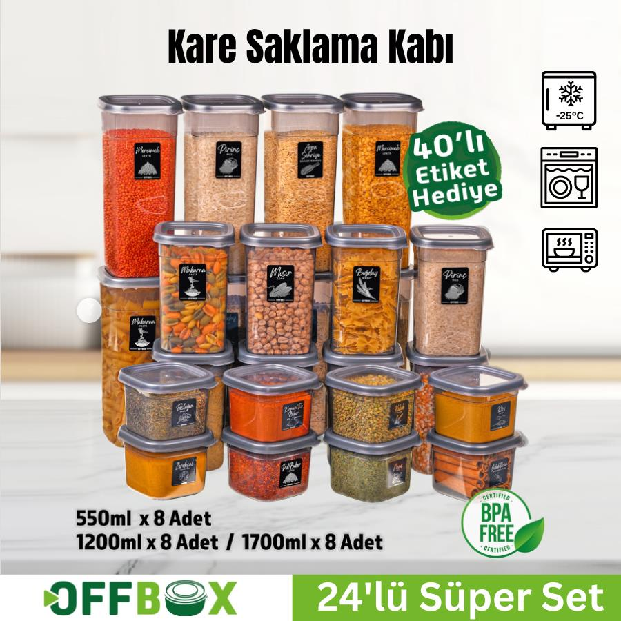 Offbox Kare Bakliyat Baharat Gıda Saklama Kabı - 3 Çeşit - 24 Adet