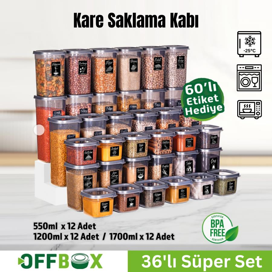 Offbox Kare Bakliyat Baharat Gıda Saklama Kabı - 3 Çeşit - 36 Adet