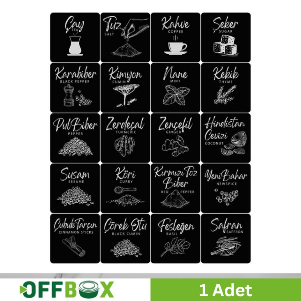 Offbox Yapışkanlı Saklama Kabı Baharat Etiketi - 20 Çeşit - 1 Adet