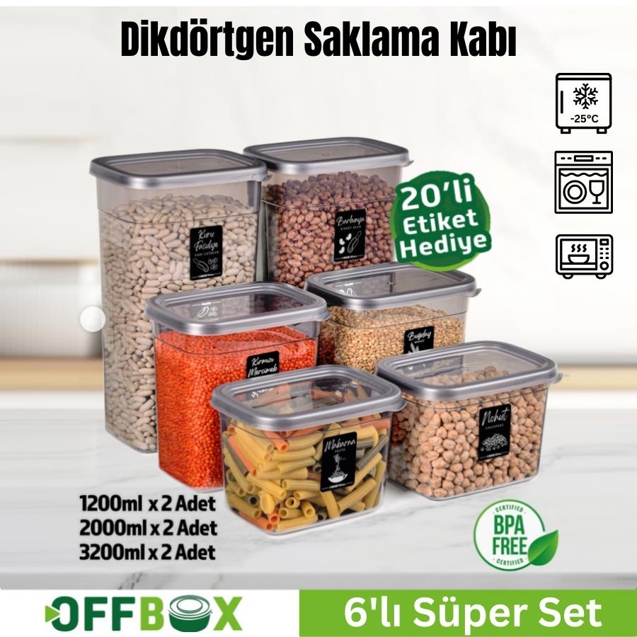 Offbox Dikdörtgen Bakliyat Baharat Gıda Saklama Kabı - 3 Çeşit - 6 Adet