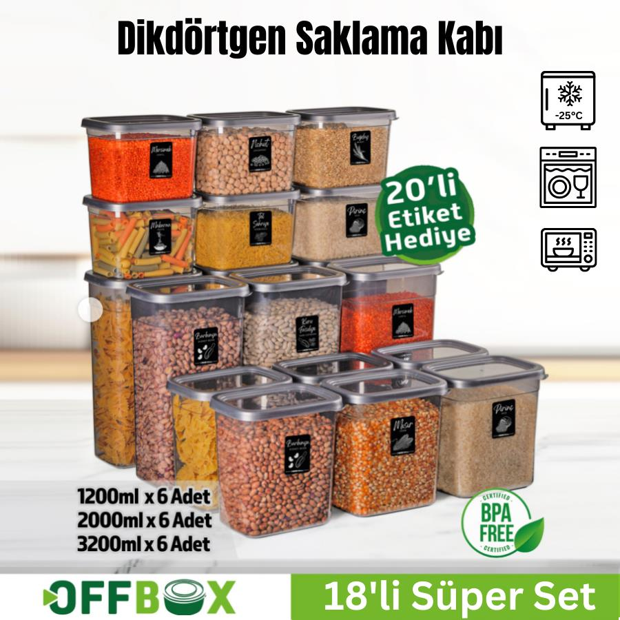 Offbox Dikdörtgen Bakliyat Baharat Gıda Saklama Kabı - 3 Çeşit - 18 Adet