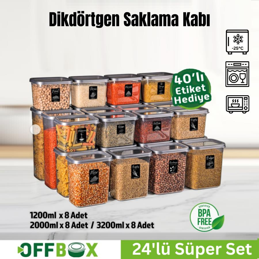 Offbox Dikdörtgen Bakliyat Baharat Gıda Saklama Kabı - 3 Çeşit - 24 Adet