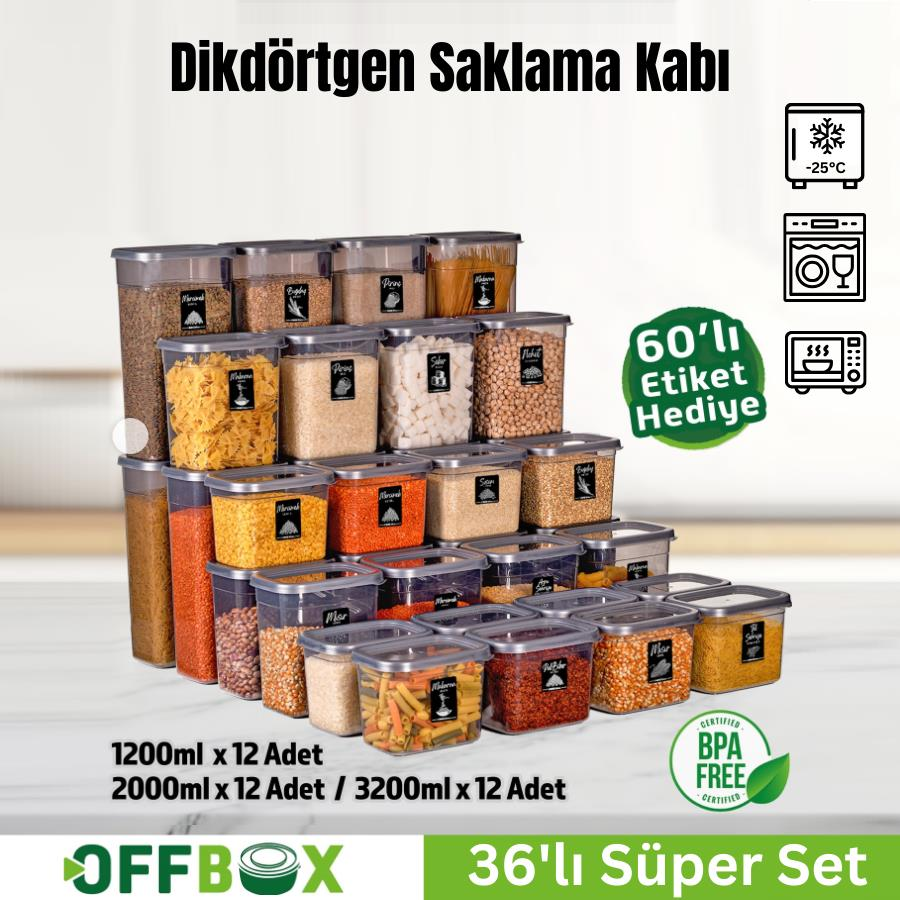 Offbox Dikdörtgen Bakliyat Baharat Gıda Saklama Kabı - 3 Çeşit - 36 Adet